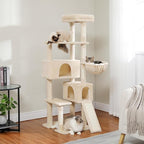 PEQULTI 60'' Cat Tree, Tall Cat Tower with 2 Large Condos, Wide Top Perch, Cozy Hammock and Sisal Scratching Posts for Indoor Cats Lare Adult Beige
