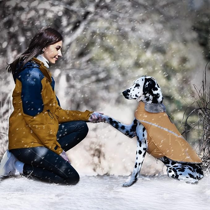 VIVAGLORY Snowrap Dog Coat, Jacket with Harness Hole, Dog Coat for Winter & Cold Weather, Fluffy Warm Fleece Lined Reflective Water Resistant for Puppy, S, Khaki