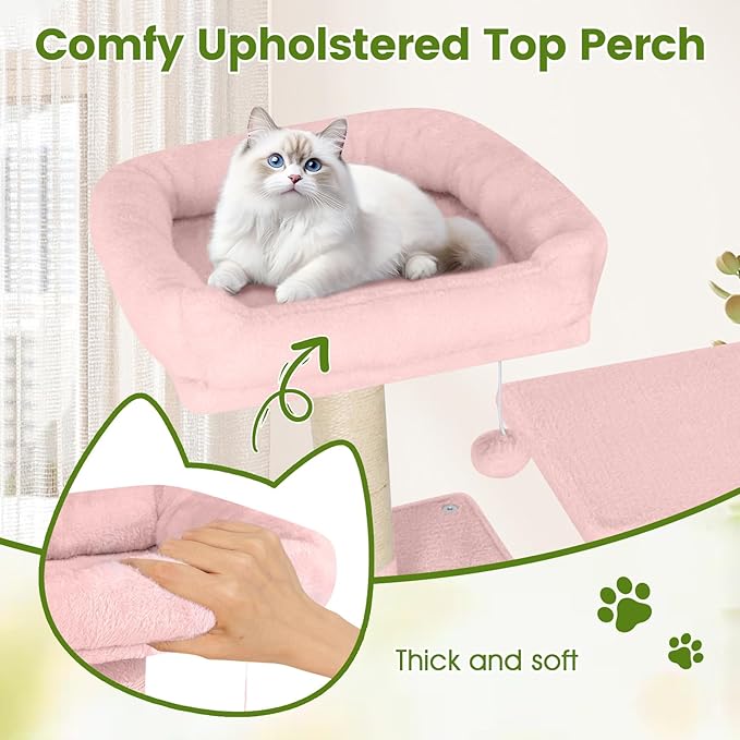 PETSITE Multi-Level Cat Tree, 75 Inches Tall with Sisal Scratching Posts, 2 Condos, Hammock, Dangling Balls, and Cozy Top Perch, Ideal for Indoor Cats to Play and Rest (Pink)