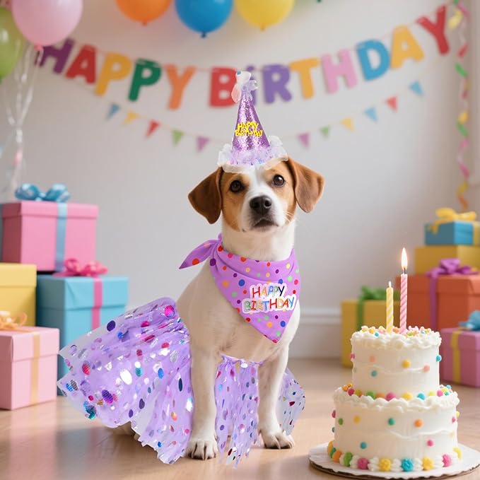 Dog Birthday Hat with Glitter Bandana Dress Set Puppy Birthday Party Supplies Cute Tutu Skirt Costume Outfit for Small Medium Large Dogs Cats Kitten Pet Decorations Purple