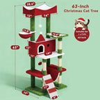 63" Large Christmas Cat Tree Tower Indoor: Tall Modern Cute Heavy Duty Cat Condo House with Scratching Post & Hammock for Maine Coon