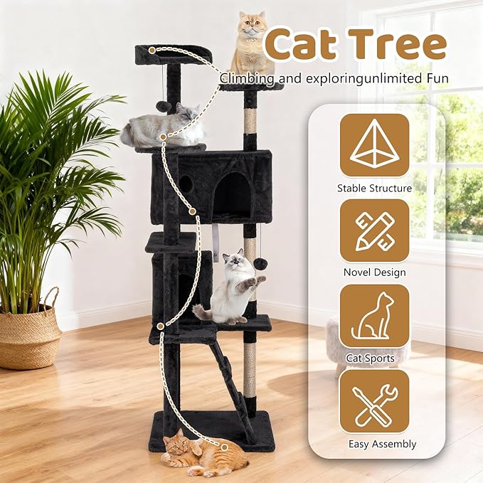 BestOffice 70 Inch Cat Tree, Multi-Level Cat Tower with Condo, Perches, Sisal Scratching Posts, Climbing Ladder,Indoor Activity Center Play House for Kittens & Adult Cats, Dark Gray