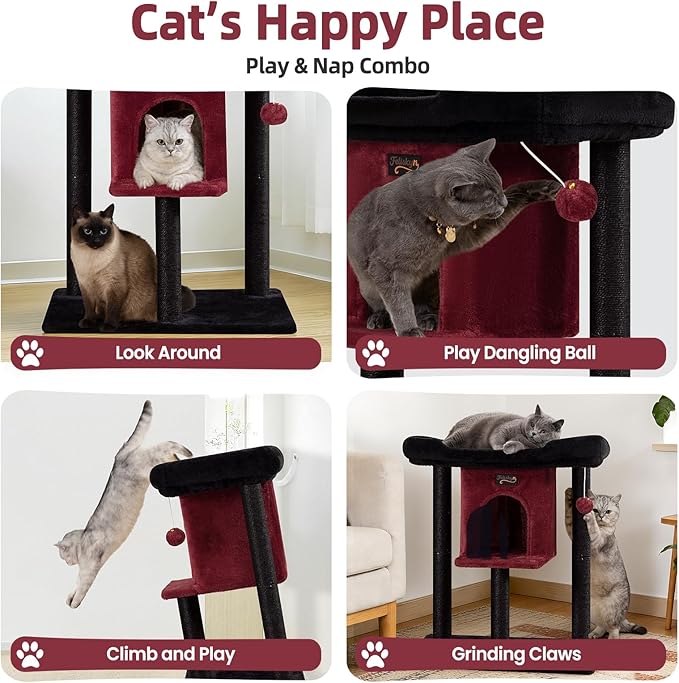 Cat Tree Tower Scratching Post for Indoor Large Cats, Small Cat Tree with Big Perch Bed, 28in Tall Trees House with Condo Cave, Toy Balls, Modern Climbing Furniture Platform for Kitten (Black)