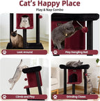 Cat Tree Tower Scratching Post for Indoor Large Cats, Small Cat Tree with Big Perch Bed, 28in Tall Trees House with Condo Cave, Toy Balls, Modern Climbing Furniture Platform for Kitten (Black)