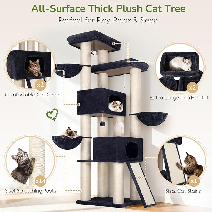Globlazer 84" Multi-Level Large Cat Tree Tower with Extra Thick Full Sisal Scratching Posts, 2 Cat Condos, 3 Hanging Baskets, 2 Extra Large Platforms & Cat Scratching Ramp,S84, Dark Gray