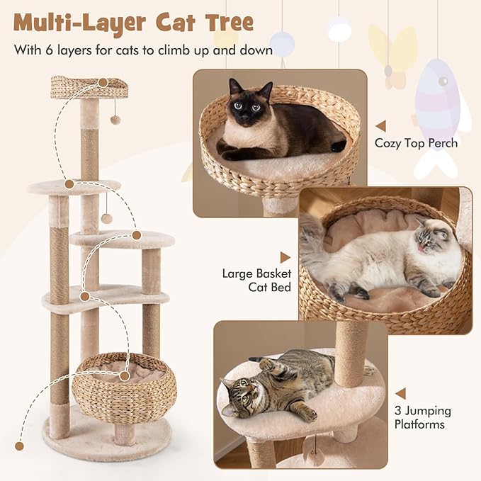 Tangkula Modern Cat Tree, 65 Inch Tall Cat Tower with Jute Scratching Posts, Dangling Balls, Cattail Basket Bed & Top Perch, Removable & Washable Cushions, Aesthetic Cat Tree for Indoor Cats
