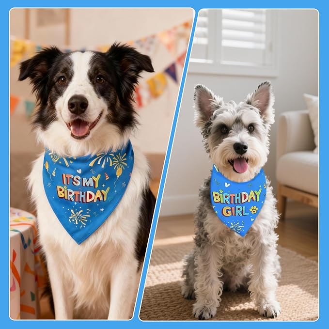 SZEE Dog Birthday Bandana, Reversible Bandanas for Dog Birthday Outfits, Pet Apparel & Accessories, Triangle Pet Scarf for Photo Prop and Holiday Decor (Large, Blue)