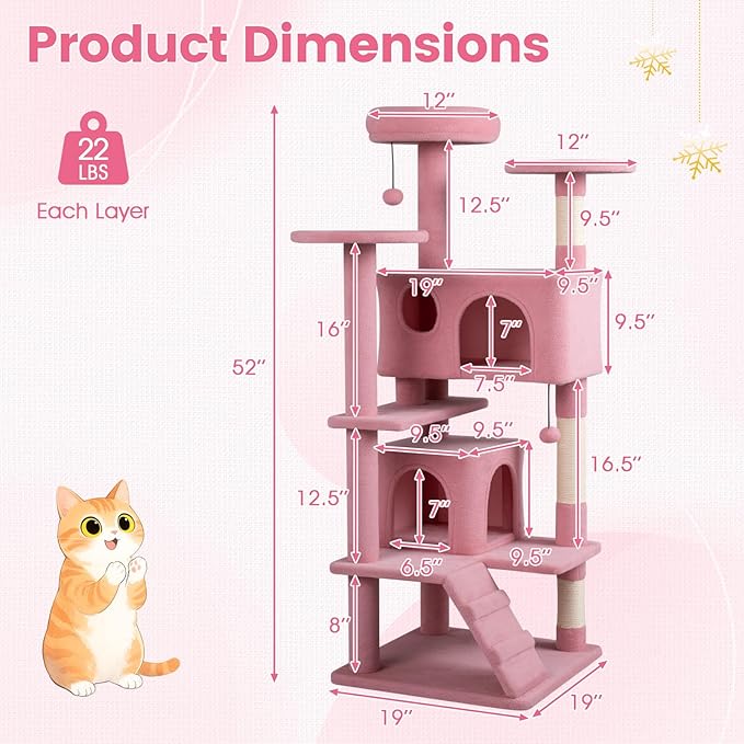 PETSITE 52-inch Cat Tree, Multi-Level Cat Tower with Sisal Scratching Posts, 2 Comfy Condos, Plush Padded Soft Top Perch, Dangling Balls, and Climbing Ladder, Ideal for Indoor Cats (Pink)