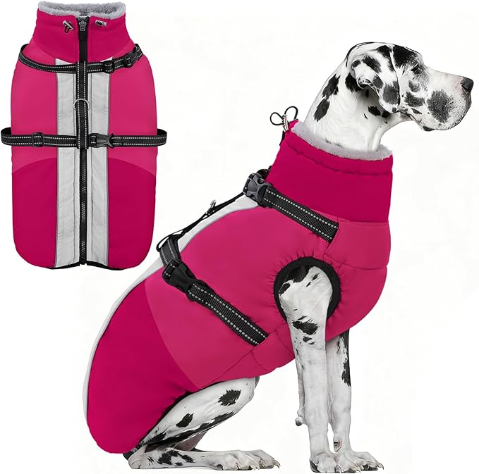 AOFITEE Dog Coats for Large Dogs, Waterproof Dog Winter Jacket with Harness Built in, Warm Large Dogs Coat with Fleece Lined, Zip Up Pets Jackets for Golden Retriever, Weimaraner, Hot Pink 2XL