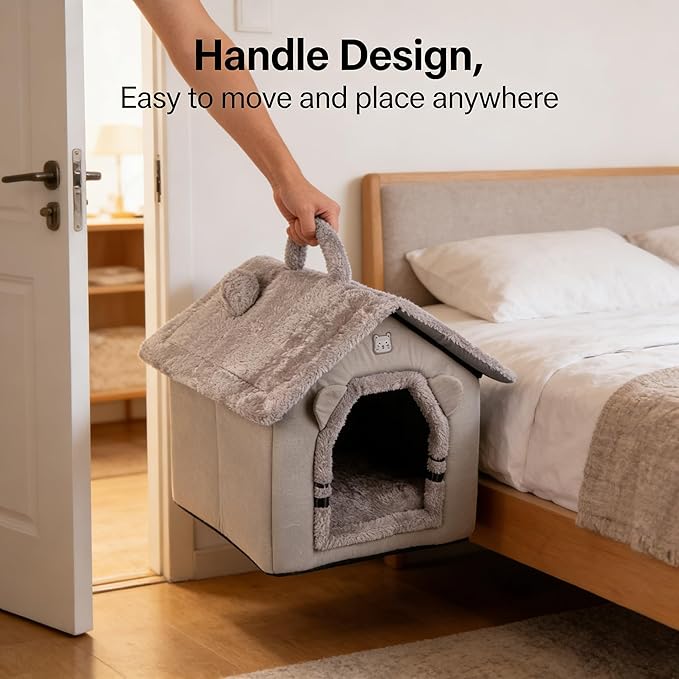 Lovely Cat Bed for Indoor Cats, Cartoon Pattern Cat Cave Bed with Handle Design, Soft Cat Hideaway Indoor Cat House for Kitten, Puppy & Small Pets (M)
