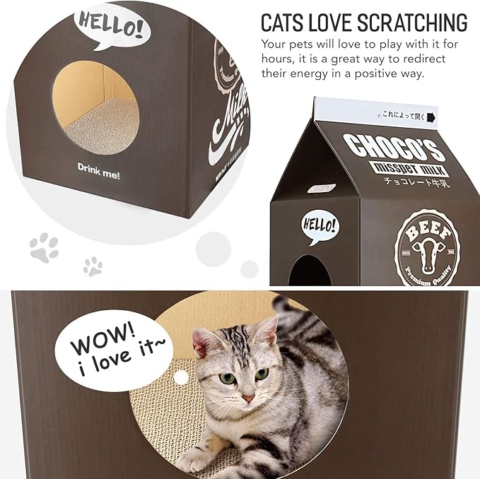 Cardboard Cat House with Scratch Pad, Corrugated Kitten Hideaway Cave, Heavy Duty Sturdy Cute Cardboard Scratcher, Easy to Assemble Gift, Black