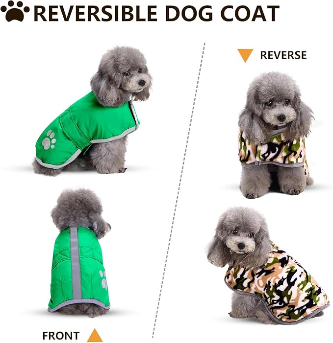 Queenmore Dog Winter Coat, Cold Weather Fleece Jacket for Dogs, Waterproof Reflective Reversible, for Small, Medium and Large Dogs (Green, L)