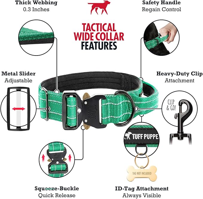 Tuff Pupper Tactical Dog Collar with Handle | Heavy Duty Adjustable Dog Collar | Military Nylon Collar for Large Dogs | Quick-Release Buckle | Soft Padded Comfort | Training Control (Green, Large)