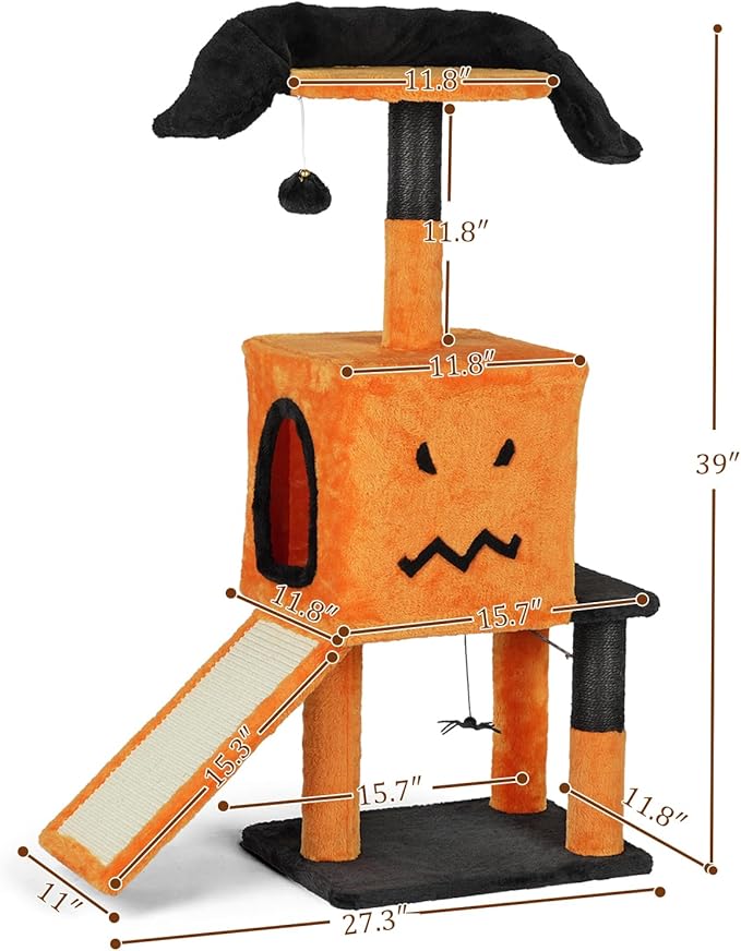 Gothic Cat Tree, 39.4" Halloween Cat Tree, Black Cat Tower for Indoor Cats with Sisal Scratching Posts, for Indoor Cats with Spacious Cat Condo, Sisal Scratching Posts, Hanging Toys, Orange & Black