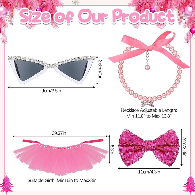 4 Pcs Dog Birthday Outfit Pink Tutu Pearl Necklace Pet Glasses Bowtie Hairpin Dog Girl Birthday Party Supplies for Small to Medium Dogs Pet Wedding Christmas Costume