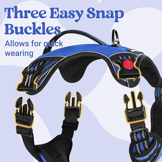 rabbitgoo Dog Harness Medium Sized, No Pull Pet Harness with Soft Padded Handle, Adjustable Reflective Vest with 3 Buckles, Easy Walking Harness with 2 Leash Clips, Blue, XL