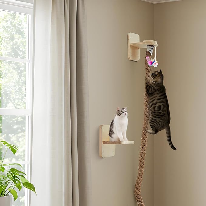 Weysat Cat Tree with 2 x 59.1 Inch Climbing Rope Wall Mounted Cat Climbing Tower Toy with Scratching Post Kitten Rope Ladder with Jumping Platform Wall Steps for Playing and Rest (Wood,with Toys)