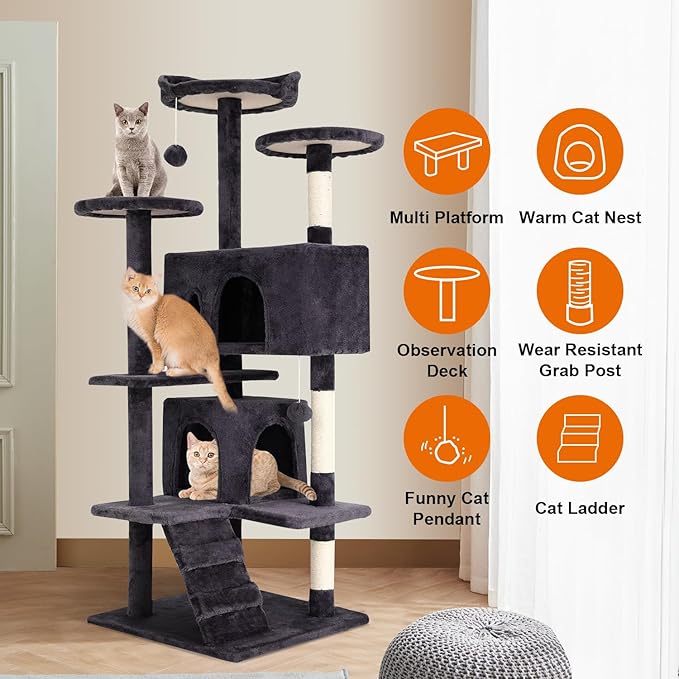 Cat Tree 69.3 inches Cat Tower for Indoor Cats Cat House with Replaceable and Removable Dangling Ball Cat Trees and Towers with Funny Toys, ASHY