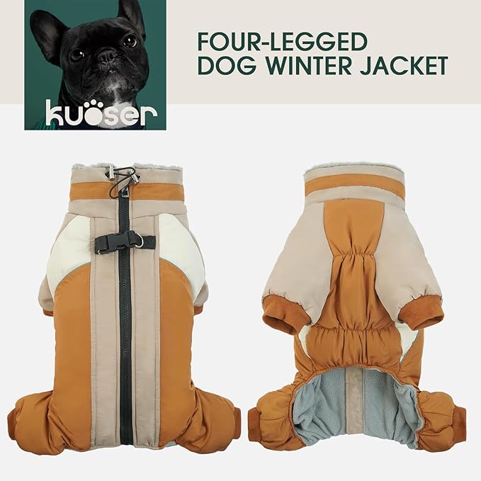 Kuoser Fullbody Dog Coat - Warm Winter Coat with Reflective Jacket & Built-in Harness for Small Dogs - Suitable for Yorkie, Bichon Frise, Shih Tzu (Brown S)