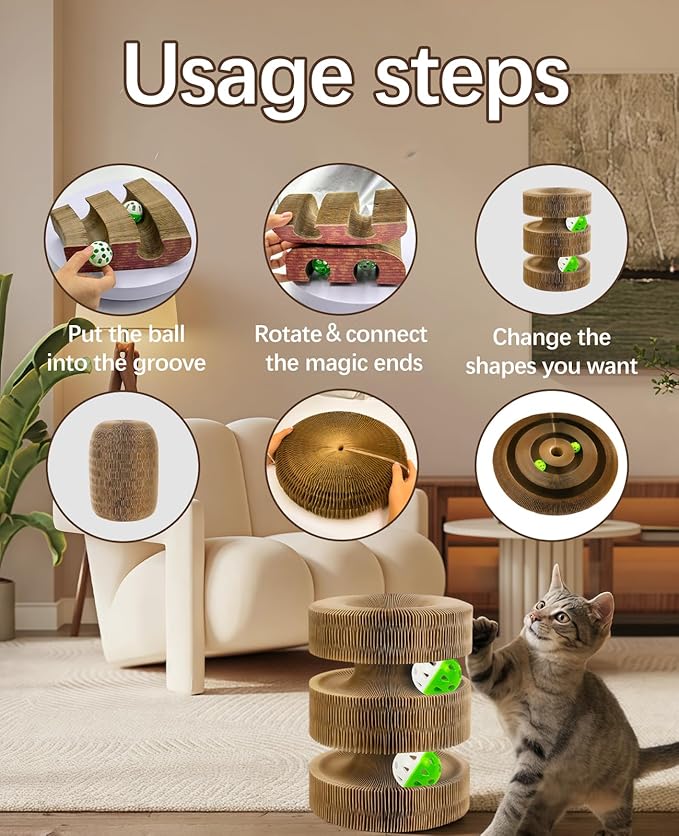 Kitty Kurlz Cat Toys, Magic Organ Cat Scratcher Board with 2 Bell Balls,Twisty Paws Cat Toy Foldable＆Changeable, Interactive Kitty Curls for Indoor Cats Physical & Mental Exercise-Coffee Brown