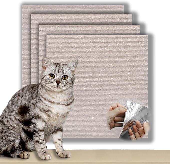 4 Pack Total 24"x 24" Cat Scratch Mat for Couch Furniture and Wall Protector | Trimmable Self-Adhesive Cat Scratch Furniture Protector (Beige)