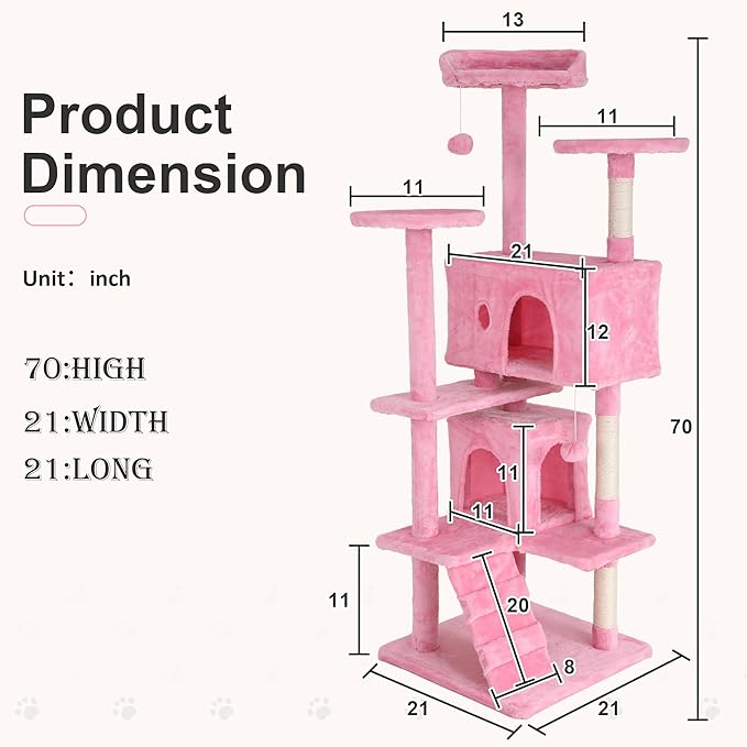 70" Multi-Level Cat Tree Tower with Scratching Posts, Toys & Condo - Space-Saving Design for Indoor Kittens, Compact Floor Footprint & Vertical Space for Multi-Cat Homes-Pink