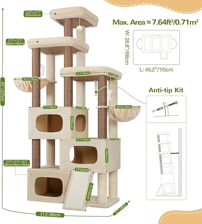 Globlazer 85 Inch Tall Cat Tree for Large Cats, Multi-Level Cat Tower for 4+ Cats with 3 Condos, 2 Hammocks & Sisal Posts, Heavy Duty Cat Tree Tower for Maine Coon, S85, Beige