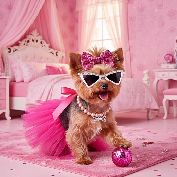 4 Pcs Dog Birthday Outfit Pink Tutu Pearl Necklace Pet Glasses Bowtie Hairpin Dog Girl Birthday Party Supplies for Small to Medium Dogs Pet Wedding Christmas Costume