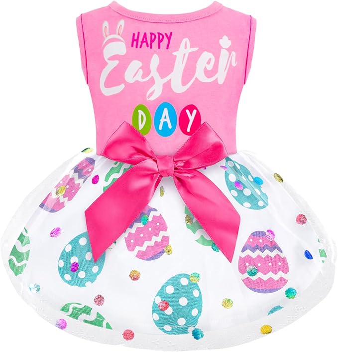 Dog Dress Girl Dog Dresses with Bowknot Tulle Princess Pet Clothes for Small Medium Large Dogs Girls Boys Cats Outfit Apparel (Large, Happy Easter)