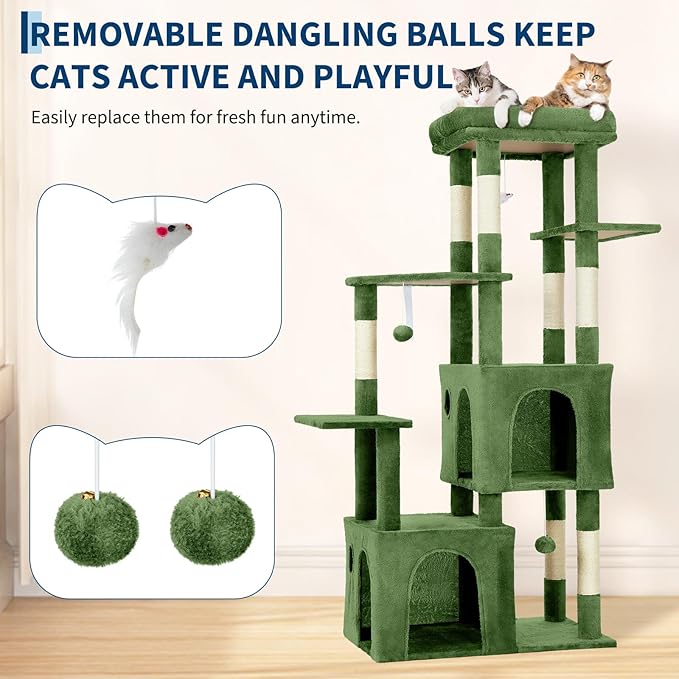 Green 61" Heavy Duty Cat Tree for Large Indoor Cats & Maine Coon, Fresh Multi-Level Cat Tower with Extra Large Perch, 2 Spacious Condos, Natural Sisal Scratching Posts & Interactive Toys