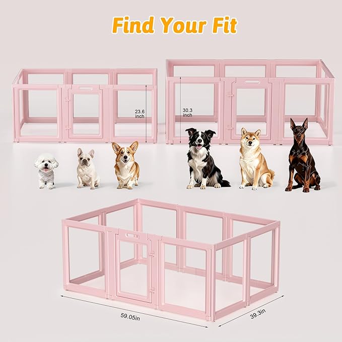 DIY Clear Acrylic Dog Playpen House,Quick Easy Assembly and Disassembly,Strong Floor Suction,Indoor and Outdoor Use,Easy Cleansing Puppy Fence (Skin Pink, 23.6" H, 10PCS)