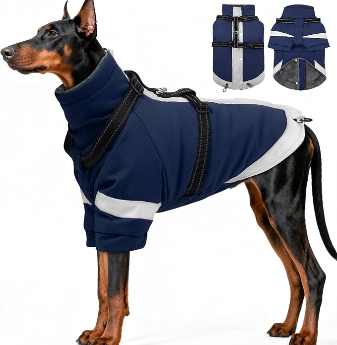 XXX-Large Dog Coat with Reflective Harness 2 in 1 for Dog Walking | Winter Turtleneck Windproof Coat for Large Dogs,Snowsuit with Sleeves Protect Joints,Cold-Weather Clothing(Navy-Blue)
