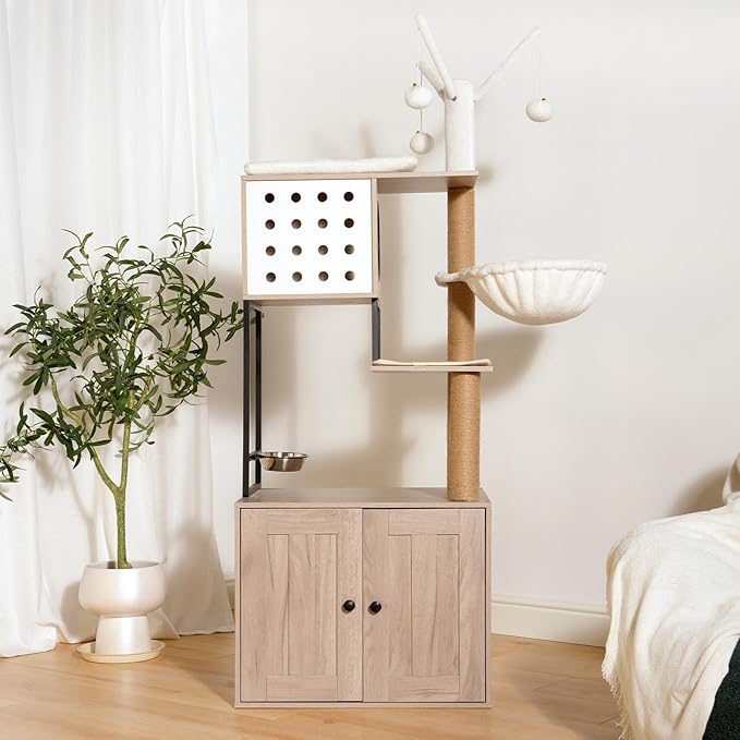 Modern Cat Tree with Litter Box Enclosure Multi-Level Cat Condo with Scratching Posts, Feeding Bowl, Pompom Toys & Odor Control, Gray