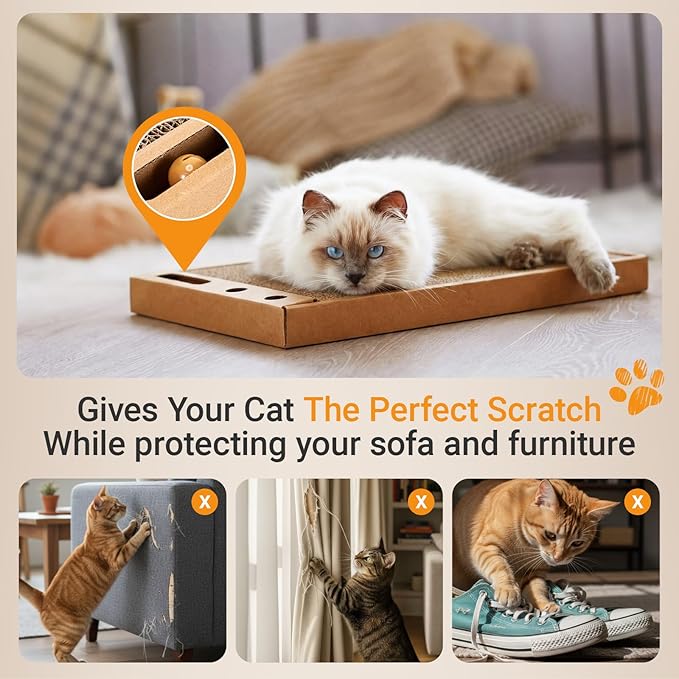 Novabright 6 Pcs Cat Scratching Board Reversible Cardboard Scratcher Wide Cat Scratch Pads with Bell Ball Durable Corrugated Scratch Box Bed for Indoor Kitten Playing Rest Sleep and Protect Furniture