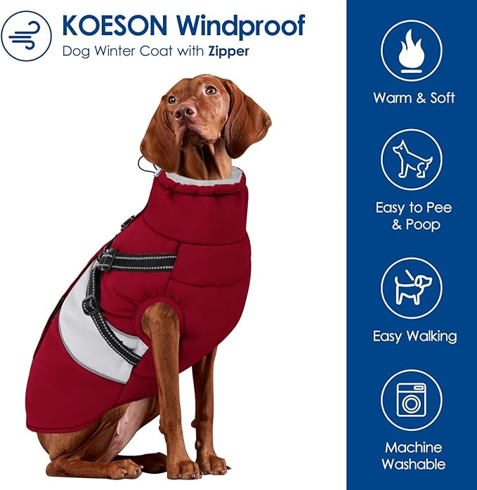 KOESON Dog Coat, Warm Dog Winter Jacket with Harness Built-in for Easy Walk, Fleece Lined Cold Weather Coat for Medium Dogs, Waterproof Puffer Jacket for French Bulldog, Corgi, Beagle, Burgundy M