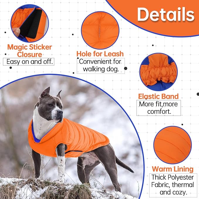 Lelepet Reversible Dog Coat Waterproof Dog Jacket Windproof Puffer Vest for Winter Warm Lightweight Coats for Large Dogs Adjustbale Hook & Loop Pet Apparel with Leash Hole, Boxer, Weimaraner, 2XL