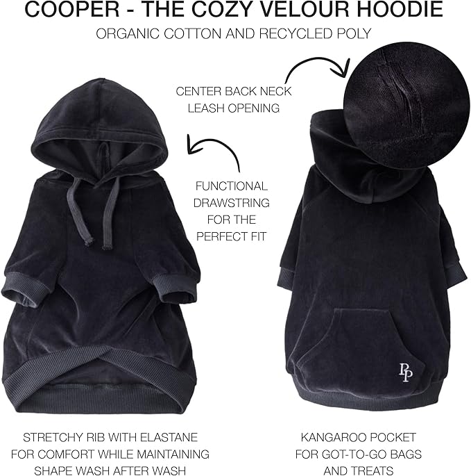Cooper II Organic Cotton Velour Dog Hoodie Pet Coat for Small, Medium and Large Dogs, Black, XXX-Small (up to 5lbs)