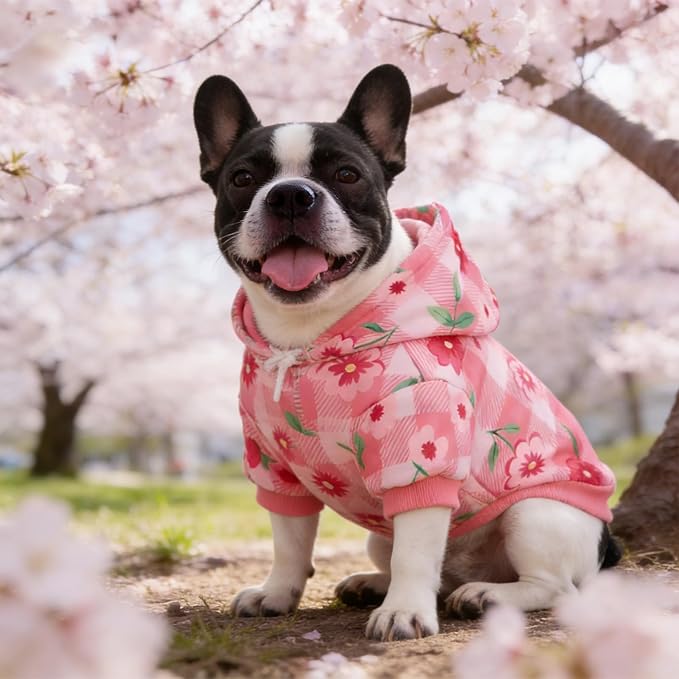 KOOLTAIL Spring Dog Hoodie Pet Clothes Sweater with Hat and Pocket for Medium Large Size Dogs Outdoor Picnic Camping, Insect Protection Anti-Hair Loss, Soft Fleece Dog Hooded Sweatshirt,Pink Flower XL