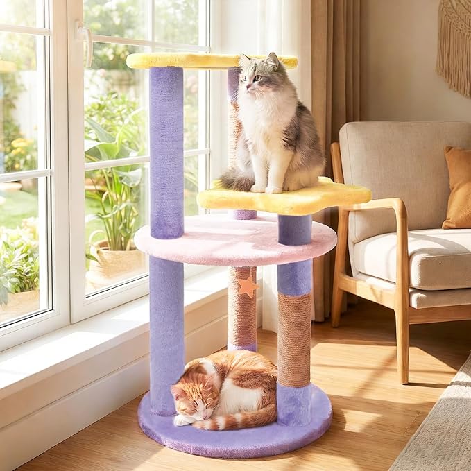 PETSITE 29-inch Cute Cat Tree, Multi-Level Small Cat Tree with Jute Scratching Post, Dangling Toy, Star and Moon-Shaped Perches, Ideal for Indoor Cats (Purple)