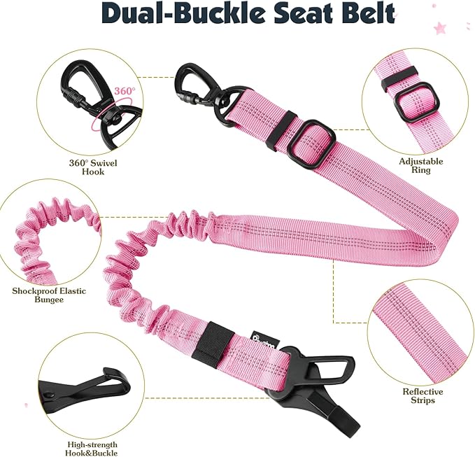 Pawaboo Dog Seat Belt Harness for Car, Dog Car Harness Seatbelt with Double Clips, Adjustable Breathable Pet Vest & Dogs Safety Tether with Elastic Bungee for Small Medium Large Pet, L, Pink + Black