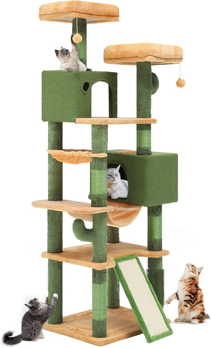 DWVO Cactus Cat Tree for Large Cats: 76" Tall with Self-Grooming Brush, Cute Kitten Climbing Tower for Indoor Kittens with Cat Condo, Top Perch, Basktet, Sisal Scratching Posts, Dangling Ball