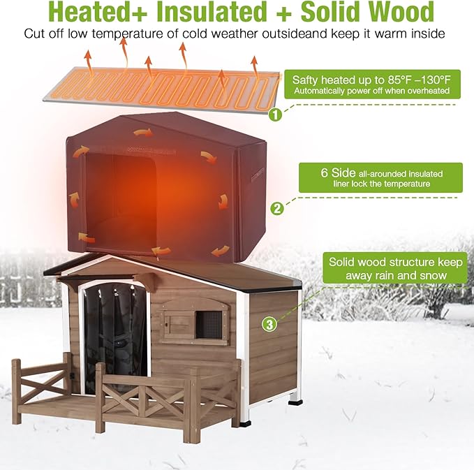 GUTINNEEN Heated Dog House Outdoor Dog Kennel with Safe Heated Pad, Chew-Proof Metal Frame and Insulated Liner for Small to Medium Dogs, 44.6" L x 41.1" W x 32.9“H (Dark Brown)