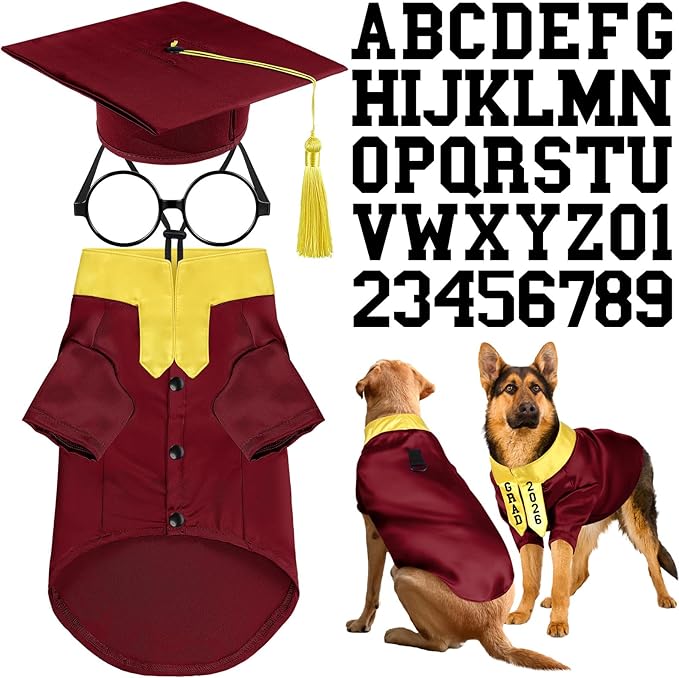 5 Pcs Dog Graduation Costume Set Include 2026 Pet Graduation Gown with Stole Puppy Grad Cap Lensless Glasses DIY Letter Stickers for Dogs Cats Holiday Costume Accessory(Maroon Yellow,XXL)