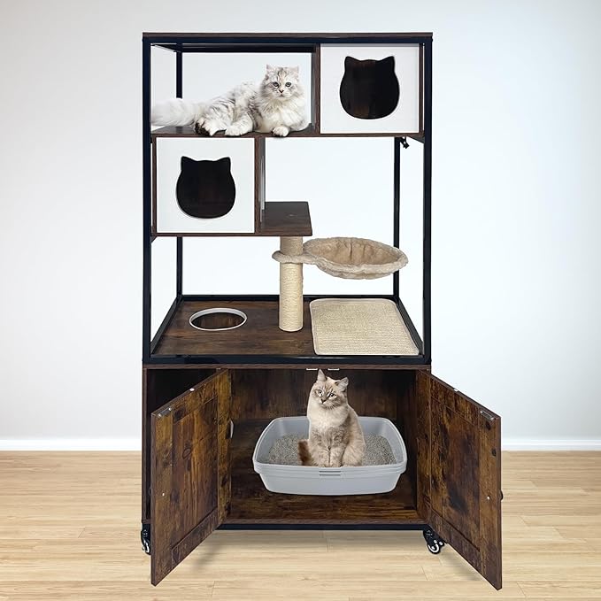 GarveeHome Cat Tree with Litter Box Enclosure 57.5 in H Wooden Cat Tower Cabinet with Wheels Dog Proof Corner Hidden Litter Box with Condo, Hammock and Scratching Post Retro Brown