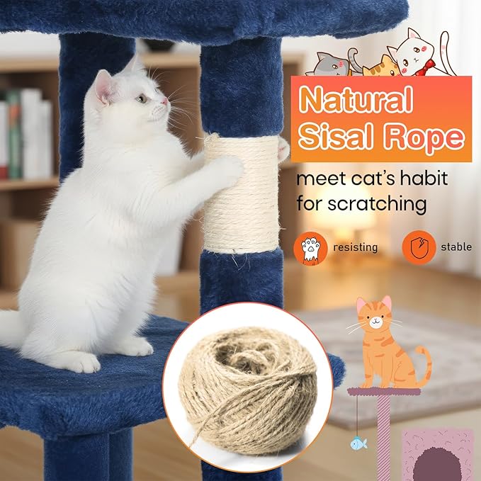 ‌Dopinmin 36" Winter Cat Tree - Plush Multi-Level Indoor Cat Tower with Sisal Scratching Posts & Ramp Plush Condo for Kittens,Navy Blue