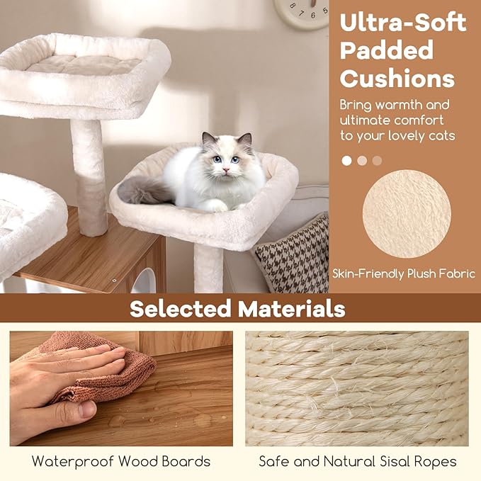 Tangkula Tall Cat Tree, 68 Inch Modern Wood Cat Tower with Sisal Scratching Posts, 3 Padded Perches, Condo, 2-in-1 Ladder, Dangling Balls, Washable Cushions for Indoor Cats Large Adult (Natural)
