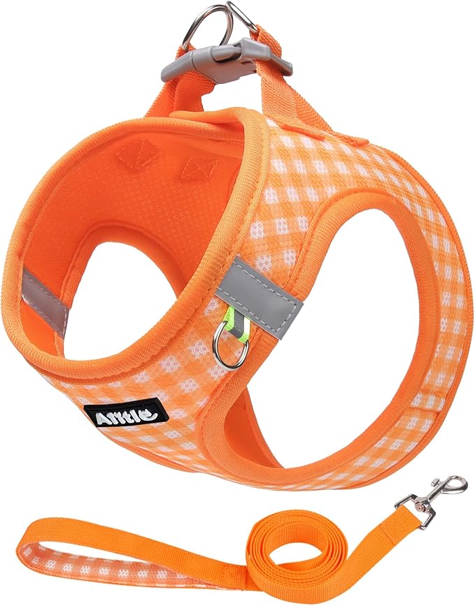 AIITLE Medium Dog Harness – Breathable Mesh with Plaid Design & Dual D-Rings – Secure Fit for Camping, Hiking & Daily Adventures (L, Orange)