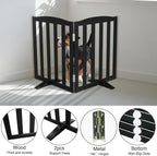Freestanding Dog Gate Indoor,Doggie Gate Foldable Pet Gates for Doorways,Stairs or Hallways, Wooden Black Pet Gate for the House, Pet Fence with Support Feet Included,24 "Height-2 Panels