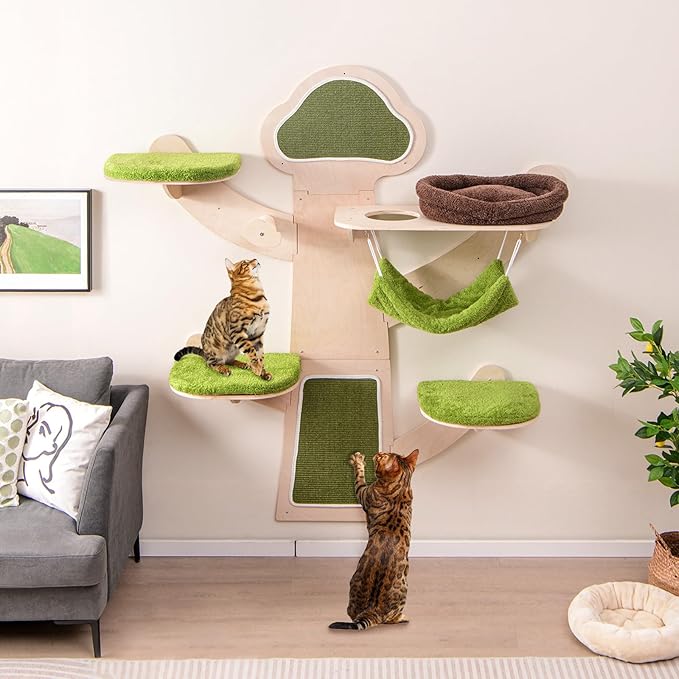 PETSITE 71 Inch Cat Wall Shelves, Tree-Like Wall Mounted Cat Tree Climber Furniture with Sisal Scratching Post and Mats, Perches, Hammock, Bed, Removable & Washable Padded Cushions