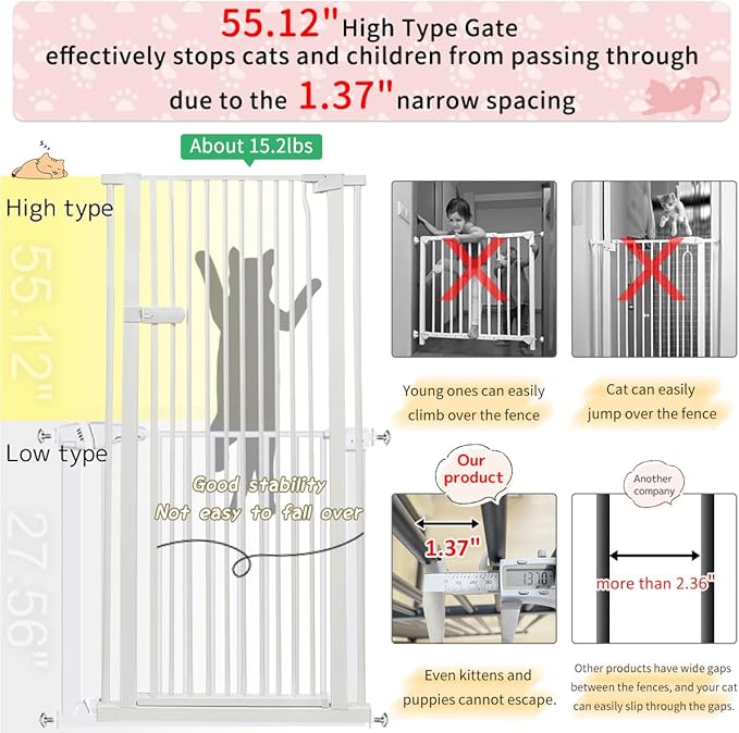 Lumizone Extra Tall Cat Gate 55.12" High Pressure Mounted Extra Wide 2025 New (17 Sizes) 1.37" Gap No Drilling Auto-Close One-Handed Operation Tall Pet Gate for Dogs(White, 55.12" H x 29.92"-59.44" W)